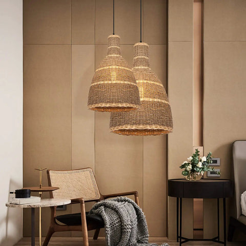 One Light Farmhouse Pendant Light In Natural Rattan And Seagrass, Hanging Ceiling Lamp For Dining Room And Bedroom