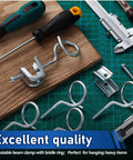 50 Piece Beam Clamps 1/4 X 20 Steel C Clamps With Screws And 50 Cable Ring Hangers 1 1/4 Inch Bridle Rings For Pipe Mounting, Heavy Duty Hardware Set That Withstands Up To 75 Lbs. beam clamp and bridle ring set on workbench