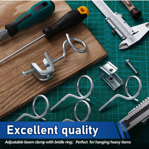 50 Piece Beam Clamps 1/4 X 20 Steel C Clamps With Screws And 50 Cable Ring Hangers 1 1/4 Inch Bridle Rings For Pipe Mounting, Heavy Duty Hardware Set That Withstands Up To 75 Lbs. beam clamp and bridle ring set on workbench