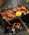 Oukens Non Stick Cast Iron Double Pie Iron Portable Campfire Press With Removable Handles For Grill Stove Mountain Cooking Adventure Gear grilling chicken wings and corn over hot coals.