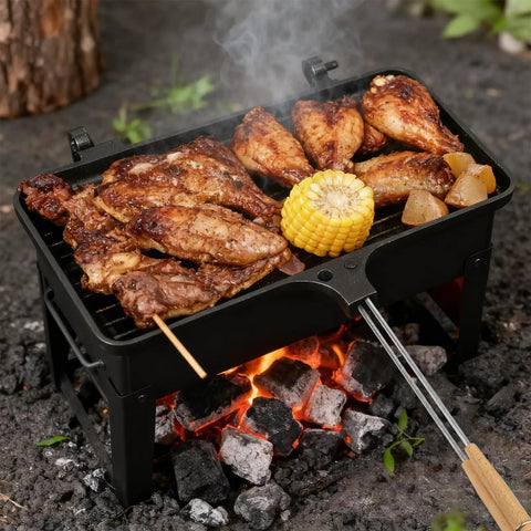 Oukens Non Stick Cast Iron Double Pie Iron Portable Campfire Press With Removable Handles For Grill Stove Mountain Cooking Adventure Gear grilling chicken wings and corn over hot coals.