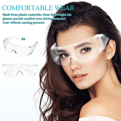 Six Pair Set Top Shelf protective Safety Glasses With smart Vitilated Wraparound Frames Antifu light Side Shields And heavy duty Grip For Hard Hat Sites That Really Slaps worn by model, showcasing clear design and secure fit.