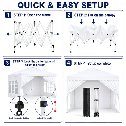Quick setup guide for 10x10 Pop Up Canopy With Sidewalls Quick Setup Portable Sun Shade Beach Tent Gazebo Heavy Duty