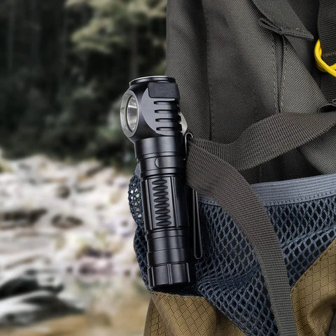 Beast Mode Bright USB C Rechargeable Headlamp with 3320 Lumens attached to a backpack, ideal for camping and hiking.