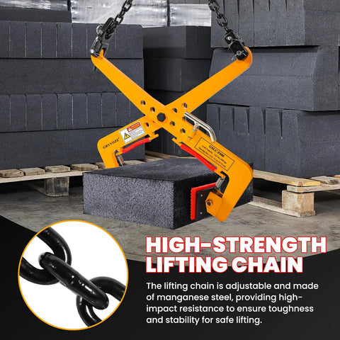 Heavy Duty Stone Lifting Clamp Features Boss Scissor Grip That Legitimately Hauls Up To One Thousand Three Hundred Twenty Three Pounds While Delivering Wide Adjustable Span From Fourteen Inches To Thirty One Inches For No Sweat Granite Moving, lifting black concrete blocks.