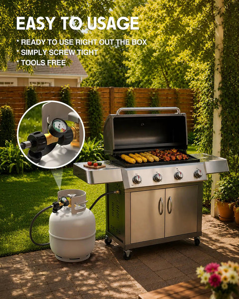 Color Coded Propane Tank Gauge Level Indicator For 5 To 40 Lb Tanks Easy Read At A Glance With Green Yellow Red Zones No Guesswork For Grill Heater Fryer Camper And Outdoor Cooking On The Go attached to a propane tank on a gas grill