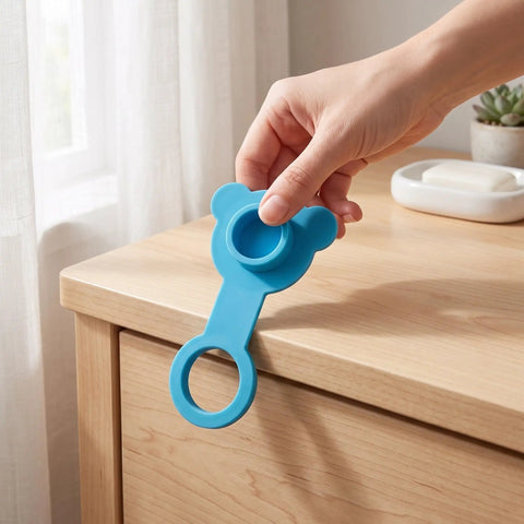 Blue Silicone Bath Tub Plug for Standard Sink Drains held above wooden surface, showcasing the soft silicone material and unique bear design.