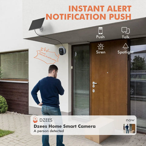 Man standing outside house with Solar Powered Outdoor Security Camera With 2.5K Color Night Vision on wall.