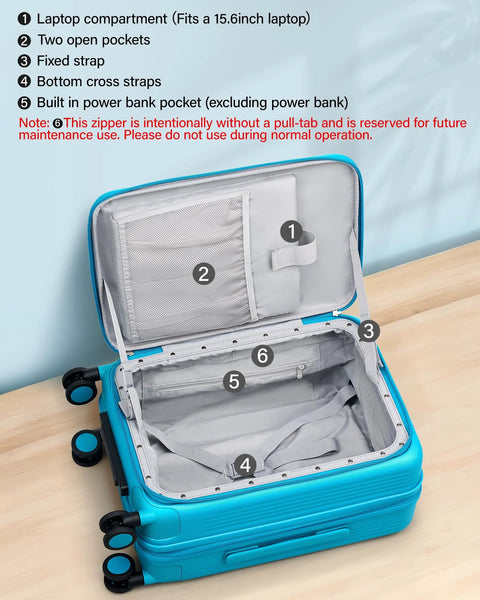 Expandable 20 Inch Carry On Luggage With Top Opening Design Caribbean Blue Hard Shell Roller Suitcase open interior compartments