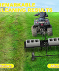 Tow Behind 40 Inch Dethatcher With 20 Spring Steel Tines For Large Lawns attached to an ATV, showing remarkable before and after lawn results.