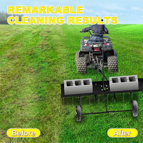 Tow Behind 40 Inch Dethatcher With 20 Spring Steel Tines For Large Lawns attached to an ATV, showing remarkable before and after lawn results.