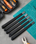 5 Piece Hole Finder And Sheet Metal Duplicator Kit With Guide Pins For No Guesswork Hole Alignment Pro Grade Includes 40 30 21 10 And One Quarter Inch Sizes For Aircraft And Racing Cars Black 12 Inch on workbench