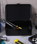 Premium Badass Heavy Duty Steel Toolbox With Secure Locking Lid For Garage Workbench And Car Trunk Storage, open with tools inside.
