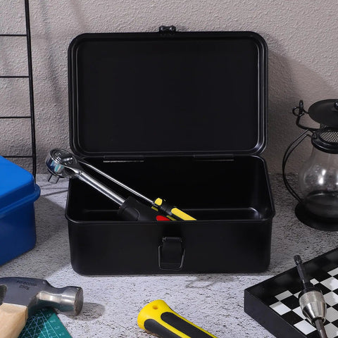 Built Tough Heavy Duty Metal Tool Box With Reinforced Body And Secure Locking Latch, open showing tools inside.