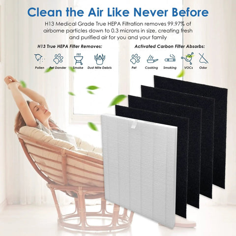 D3 Replacement Filter For Winix D360 Air Purifier with H13 Main Filter and four activated carbon filters next to relaxed person