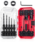 Kickass Countersink Drill Bit Set For Serious Woodworking Builds With Tapered Drill Bits And Wood Plugs inside a red and clear case.