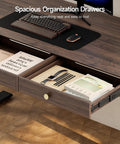 Spacious Organization Drawers of Classic Mid Century Modern Electric Standing Desk 63 Inch with walnut finish and office supplies.