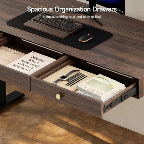 Spacious Organization Drawers of Classic Mid Century Modern Electric Standing Desk 63 Inch with walnut finish and office supplies.