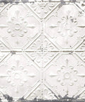 Close-up of vintage tin tile pattern on peel and stick wallpaper for easy DIY makeover that slays, repositionable and removable with no residue.
