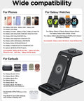 Three In One Wireless Charging Stand For Galaxy Phones Watches And Buds Fast Charge Dock showing compatibility list.