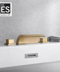 Waterfall Tub Faucet With 3 Hole Deck Mount Brushed Gold Finish For Roman Tubs High Flow 14.19 GPM At 60 PSI in bathroom