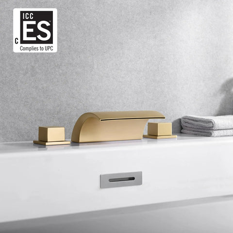 Waterfall Tub Faucet With 3 Hole Deck Mount Brushed Gold Finish For Roman Tubs High Flow 14.19 GPM At 60 PSI in bathroom