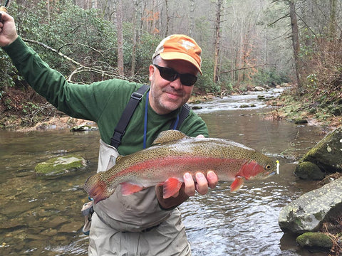 Angler holding a large trout in a stream, wearing fishing gear, showcasing the size and color of the trout in the natural habitat.