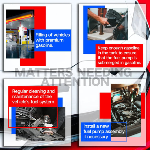 Collage highlighting vehicle fuel system care, including premium gasoline use, maintenance, and fuel pump assembly installation.