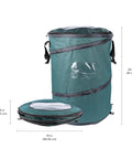 Deluxe Pop Up Trash Can With Zippered Lid Collapsible 29.5 Gallon Bin showing folded and expanded views with dimensions