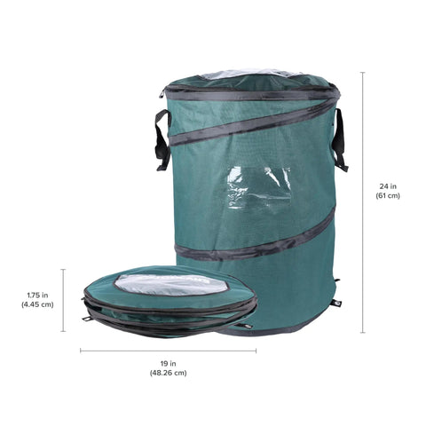 Deluxe Pop Up Trash Can With Zippered Lid Collapsible 29.5 Gallon Bin showing folded and expanded views with dimensions