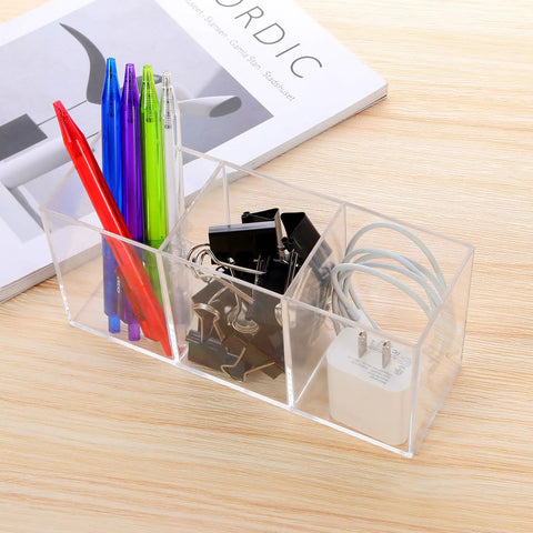 Clear Acrylic Silverware And Pen Organizer Caddy For Office And Home, Durable Thick Plastic Holder with pens, clips and cord
