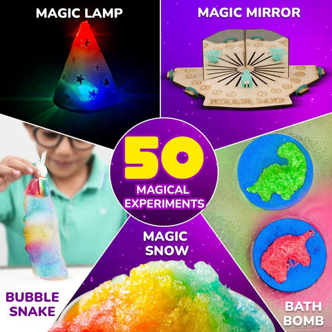 Magic Science Kit For Kids Ages 4 To 8 With 50 Plus Experiments, showing bubble snake and magical accessories like lamp and mirror.