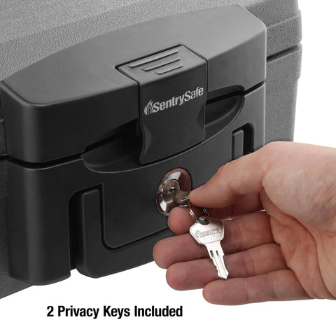 Person using key to lock Fireproof And Waterproof Portable Safe Lock Box With Key Lock And Carrying Handle For Money Passport And Valuables Exterior Size 14.3 In W 13 In D 6.1 In H Travel Ready