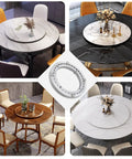 Beefy 360 Degree Swivel Plate Base For Round Tables With Aluminum Alloy Bearing For Glass Granite And Wood Kitchens And Dining Rooms, Smooth Load Bearing Turntable Support, 28 Inch Diameter displayed with various table tops.