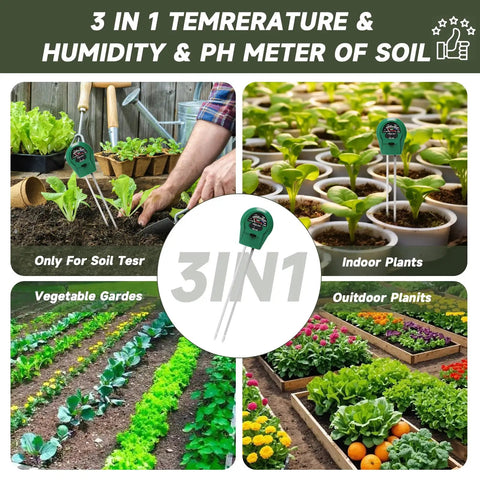 3-in-1 temperature, humidity, and pH meter in use for soil, indoor plants, vegetable gardens, and outdoor plants