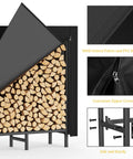 "Tough As Nails Heavy Duty Outdoor Firewood Storage Rack with Weather Resistant 600D Cover showing logs and zip details."