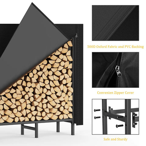 "Tough As Nails Heavy Duty Outdoor Firewood Storage Rack with Weather Resistant 600D Cover showing logs and zip details."
