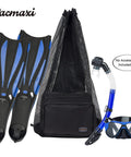 Oversized Mesh Scuba Diving Bag For Snorkeling Gear And Equipment, Holds Mask Fins Snorkel And Wetsuit, Regulator And Shoes, Lightweight Travel Backpack With Big Capacity, Black shown with fins and snorkel.
