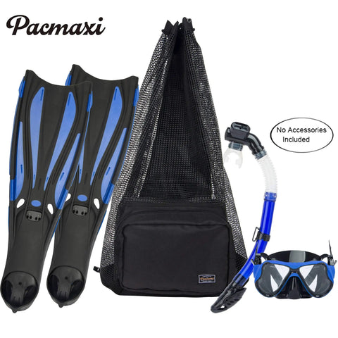 Oversized Mesh Scuba Diving Bag For Snorkeling Gear And Equipment, Holds Mask Fins Snorkel And Wetsuit, Regulator And Shoes, Lightweight Travel Backpack With Big Capacity, Black shown with fins and snorkel.