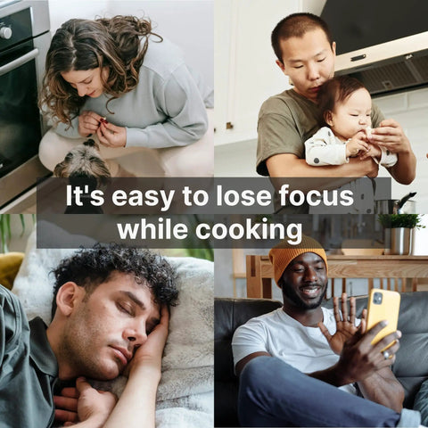 People engaging with pets, babies, and relaxing at home, highlighting moments when focus is lost while cooking.