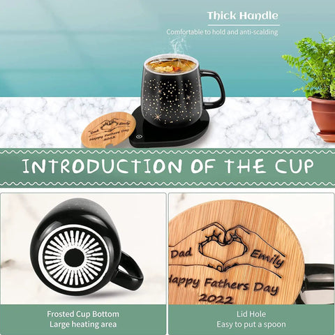 Personalized Coffee Mug Warmer With Auto Shut Off Sensor Touch Smart Heating Coaster Desk Essential Keeps Your Daily Brew Hot, black mug with thick handle and warming plate.