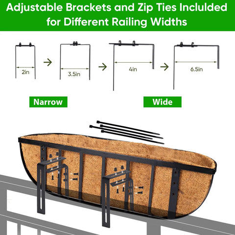 Four Pack 24 Inch Window Box Planters with coco liner and adjustable brackets on railing, highlighting installation process