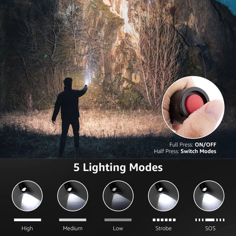 Person using Ultra Bright LED Flashlight With Zoomable Lens 5 Modes High Lumens Waterproof Pocket Size For Outdoor Camping Emergency Use Powered By AAA Battery EDC Ready For Easy Carry, showing lighting modes.