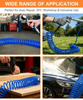 Collage of coilable polyurethane recoil air hose with quick connect in workshop and outdoor use for pneumatic tools.