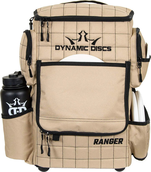 Front view of Ranger Disc Golf Backpack For Over Twenty Discs With Quick Access Pocket Water Bottle Holder Retriever Holster And Ample Storage Gear For Your Round In Sandstone Color