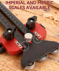 Thin Rip Table Saw Jig Guide With 3 Pulleys, Rock Solid Aluminum Alloy Build, High-Precision U Slot Cutter Jig For Woodworking, Quick Setup, Stable Material Fixation, Reduces Waste And Boosts Accuracy; imperial and metric scales shown