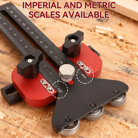 Thin Rip Table Saw Jig Guide With 3 Pulleys, Rock Solid Aluminum Alloy Build, High-Precision U Slot Cutter Jig For Woodworking, Quick Setup, Stable Material Fixation, Reduces Waste And Boosts Accuracy; imperial and metric scales shown