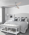 52 Inch Smart Ceiling Fan With Light, Remote, FansIO App installed in modern bedroom with gray decor and dual finish blades