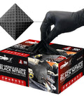 Heavy Duty Black Nitrile Gloves Boasting 8 Mil Ride-Or-Die Durability And Snappy 3D Diamond Texture For Zero-Slack Grip, large box and textured gloves.