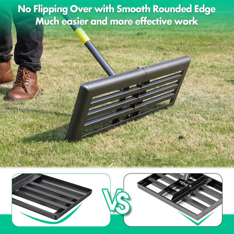 Foldable Lawn Leveling Rake With 30x10 Inch Ground Plate And 70 Inch Adjustable Handle on grass, showing curved edge for easy grading